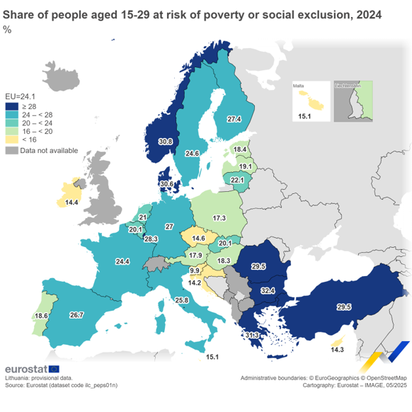 a map showing the share of young people at risk of poverty or social exclusion in 2024 as a percentage for ages 15 to 29 in the EU, the euro area, EU Member States and some of the EFTA countries and candidate countries.