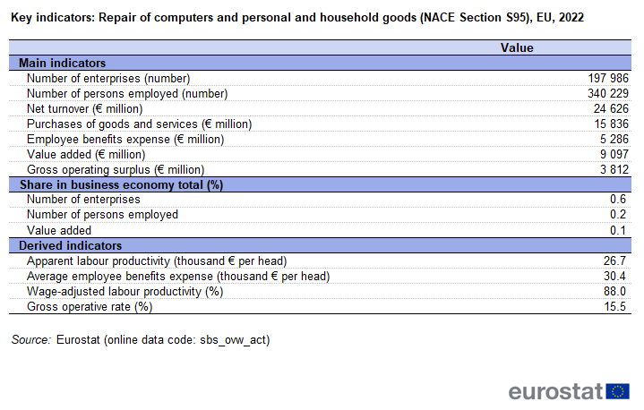 File:T 1 Key indicators Repair of computers and personal and household goods (NACE Section S95), EU, 2022.png