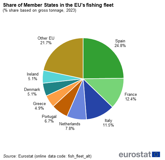 Pie chart showing share of Member States in the EU’s fishing fleet as percentage share based on gross tonnage for the year 2023.