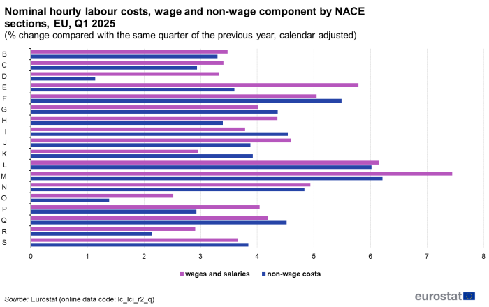 Horizontal bar chart showing nominal hourly labour costs, wage and non-wage component by NACE sections for the EU as percentage change compared with the same quarter of the previous year and calendar adjusted. The NACE sections B to S each have two bars representing wages and salaries and non-wage costs during the first quarter of 2025.