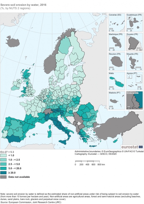 A map of Europe showing sever soil erosion by water by NUTS 3 regions in percentage for the year 2016.
