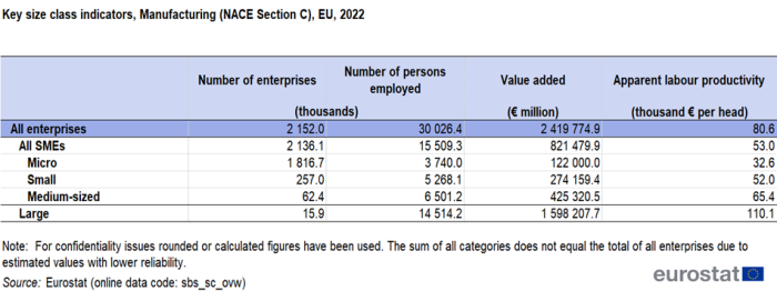 Table showing key size class indicators in manufacturing for the year 2022. Included are the number of enterprises, number of persons employed, value added and apparent labour productivity for all enterprise classes.