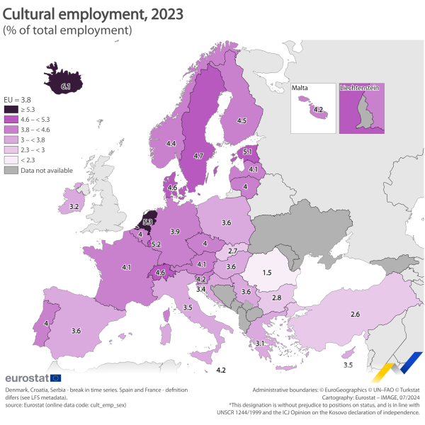 a map showing Cultural employment in 2023 in the EU, EU countries and some of the EFTA countries, candidate countries.