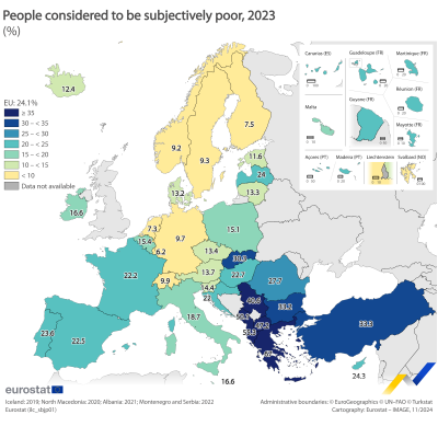 Map in 7 classes showing percentage of population considered to be subjectively poor in 2023.