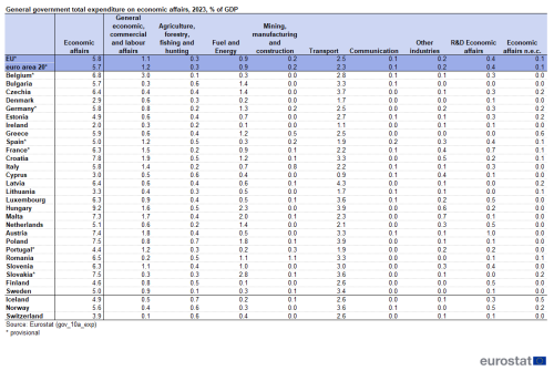 A table showing the total general government expenditure on economic affairs for the year 2023, expressed as a percentage of GDP and divided into each economic category. Data is shown for the EU, the euro area, the EU Member States and some of the EFTA countries.