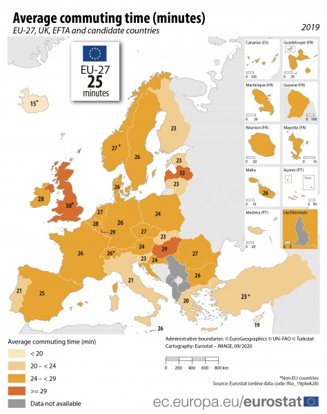 File:Average commuting time in EU, 2019 (minutes).png