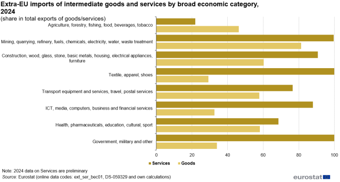 a double horizontal bar chart showing the Extra-EU imports of intermediate goods and services by broad economic category in 2024 as shares in total imports of goods/services. The bars for each category show goods and services. There are eight categories.