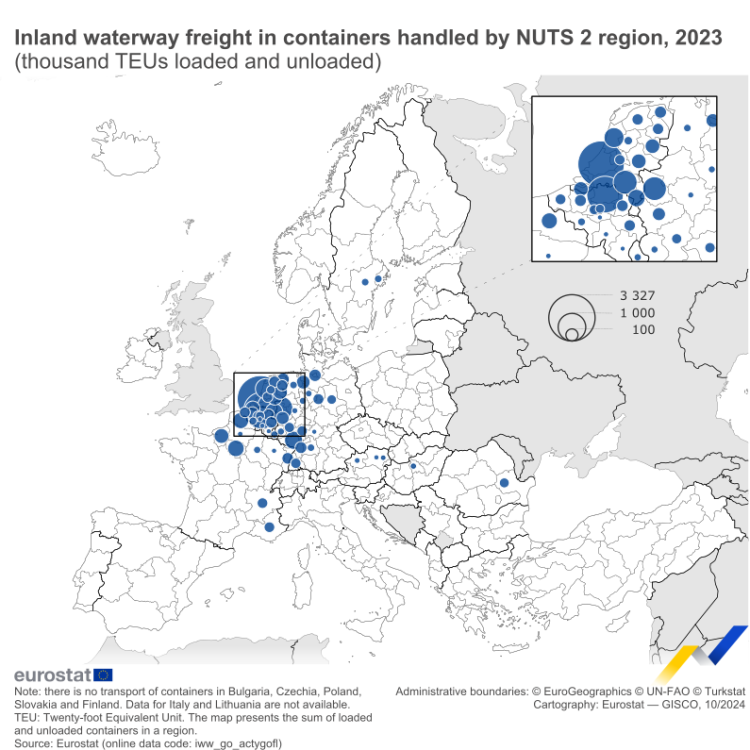 A map showing inland waterway freight in containers handled by EU NUTS 2 region in 2023 in thousand TEUs loaded and unloaded. The volume of containers is represented by bubbles in each NUTS 2 region.