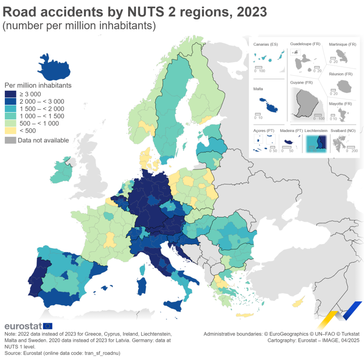 a map showing Road accidents by NUTS 2 region in the year 2023.