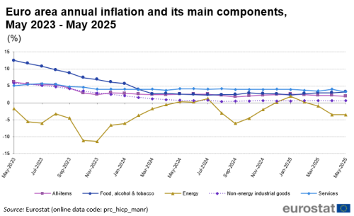 Line chart with five lines showing the development of euro area annual inflation and its four main components monthly during the last two years until May 2025. The four components are: 1) food, alcohol and tobacco, 2) energy, 3) non-energy industrial goods, and 4) services.