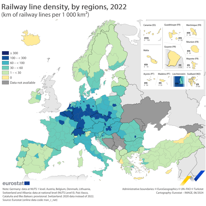 Map showing the railway line density by regions in the EU Member States and surrounding countries. Each country is labelled based on the range of kilometres of railway lines per thousand kilometres for the year 2022.