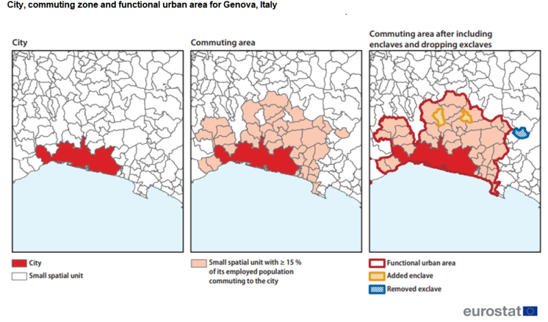 A set of three maps showing an example of the delineation of a city, commuting zone and functional urban area. The maps show i) the city and small spatial units, ii) small spatial units with at least 15% of employed residents commuting to a city, iii) the functional urban area, as well as enclaves that were added/removed. Data are shown for Genova in Italy.