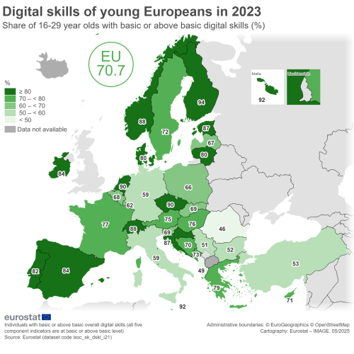 a map showing the digital skills of young Europeans as a Share of young people aged 16-29 with basic or above digital skills in 2023 in the EU, EU countries and some of the EFTA countries, candidate countries.
