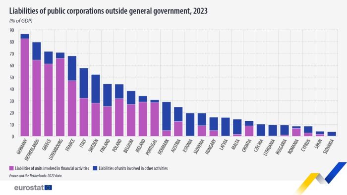 Stacked vertical bar chart showing liabilities of public corporations outside general government as percentage of GDP in individual EU countries Each country column has two stacks representing liabilities of units involved in financial activities and liabilities of units involved in other activities for the year 2023.