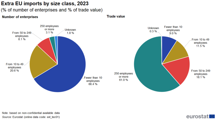 Two pie charts showing number of enterprises and value of trade by size class as a percentage of the total for extra-EU imports, for the year 2023.