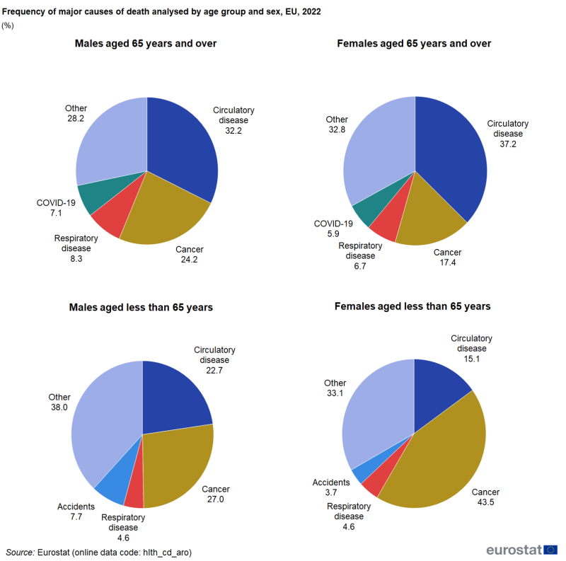 A set of four pie charts showing the shares for major causes of death. Data are analysed by age group and sex. The four pie charts show the shares for males aged 65 years or over, females aged 65 years or over, males ages less than 65 years and females aged less than 65 years. Data are shown for 2022 for the EU. The complete data of the visualisation are available in the Excel file at the end of the article.