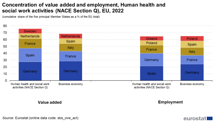 Stacked vertical bar chart showing concentration of value added and employment in Human health and social work activities based on the cumulative share of the five principal EU countries as a percentage of the EU total for the year 2022. Four columns represent value added in Human health and social work activities, value added in business economy, employment in health and social work and employment in business economy. Each column contains five named country stacks.