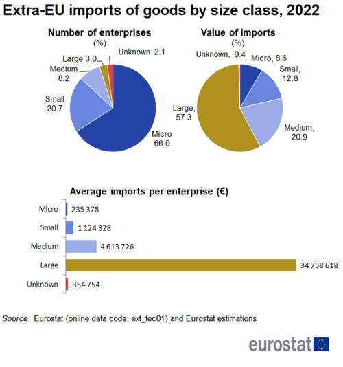 A double pie chart showing the extra-EU imports of goods by size class for the year 2022. The pie chart on the left shows the number of enterprises as a percentage, the pie chart on the right shows the value of imports as a percentage. Below the pie charts there are five horizontal bars presenting the average imports per enterprise by size class in euro.