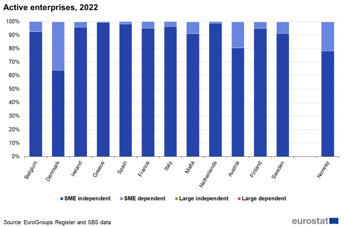 A stacked column chart showing the number of active enterprises by country, size and group status for the year 2022. Data are shown as values in percent for 12 EU countries and 1 EFTA country.