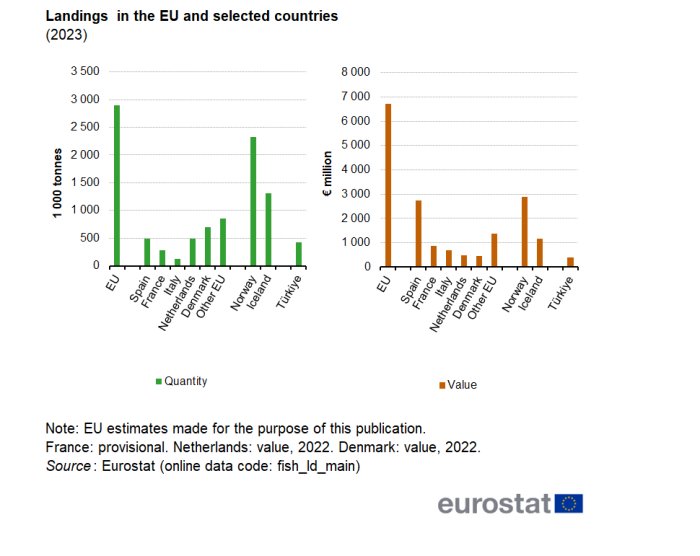 Two separate vertical bar charts showing landings in the EU and selected countries for the year 2023. For the EU, Spain, France, Italy, Netherlands, Denmark, other EU, Norway, Iceland and Türkiye, one bar chart shows the quantity as thousand tonnes and the other bar chart shows the value as euro million.