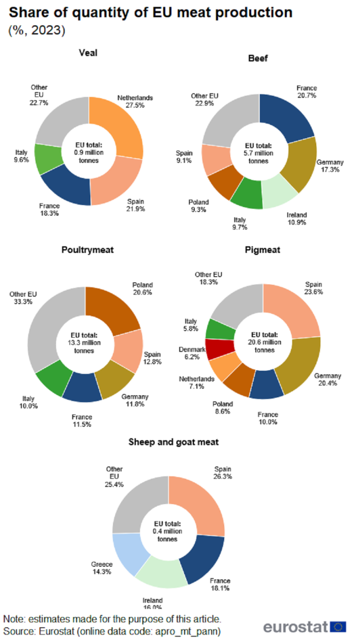 Five separate doughnut charts showing percentage share of quantity of EU meat production for veal, beef, poultry meat, pig meat and sheep and goat meat. Each chart shows the top country producers' percentages and the EU total in million tonnes for the year 2023.