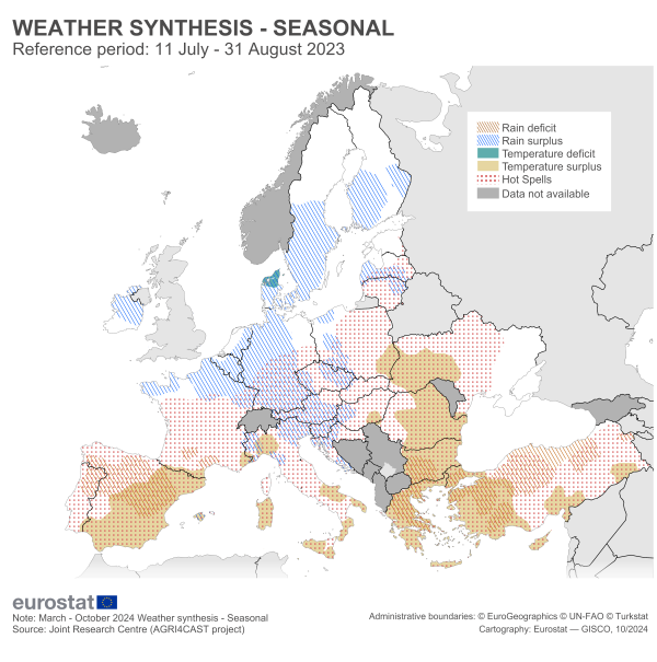 Map showing a synthesis of the seasonal weather across the EU between 11 July 2023 and 31 August 2023.