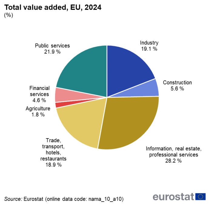 A pie chart showing the share of the sectors combined in the total market production index in the total value added the EU for the year 2024.