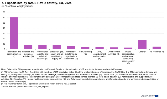 Vertical bar chart showing the share of ICT specialists as a percentage of total employment within each NACE Rev. 2 section for 2024, with sections having at least 3% highlighted individually and all others grouped under “Other”.