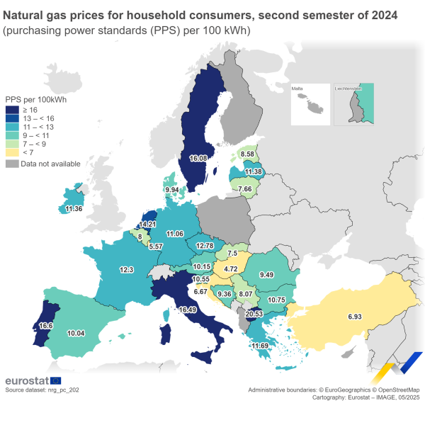 Map showing gas prices for household consumers as PPS per 100 kWh in the EU and surrounding countries for the second half of 2024. Each country is classified based on a range of PPS.