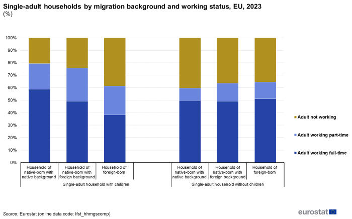 A horizontal stacked bar chart showing the distribution of households in the EU by household composition analysed by selected migration status of the adults for the year 2022. Data are shown as percentages for each household type.