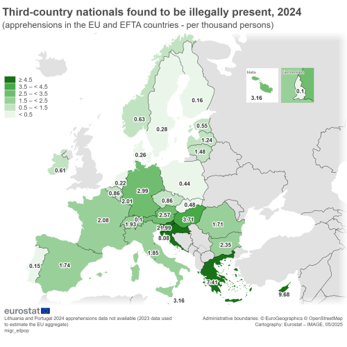 a table showing Map 1 Third-country nationals found to be illegally present in the EU Member States or EFTA countries, 2024.