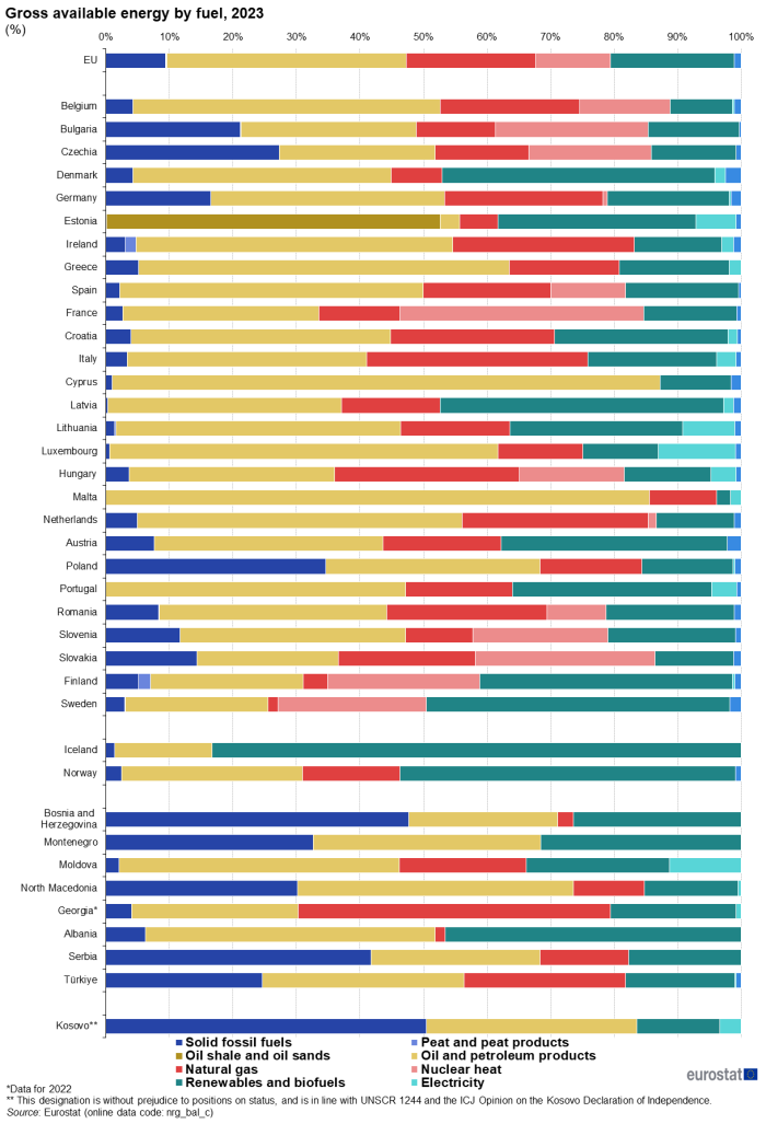 Queued horizontal bar chart showing percentage gross available energy by fuel in the EU, individual EU Member States, Iceland, Norway, Bosnia and Herzegovina, Montenegro, Moldova, North Macedonia, Albania, Serbia, Türkiye, Kosovo and Georgia. Totalling 100 percent, each country bar has nine queues representing fuel types for the year 2023.