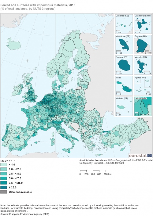 A map of Europe showing sealed soil surfaces with impervious materials by NUTS 3 regions as a percentage of total land area for the year 2015.