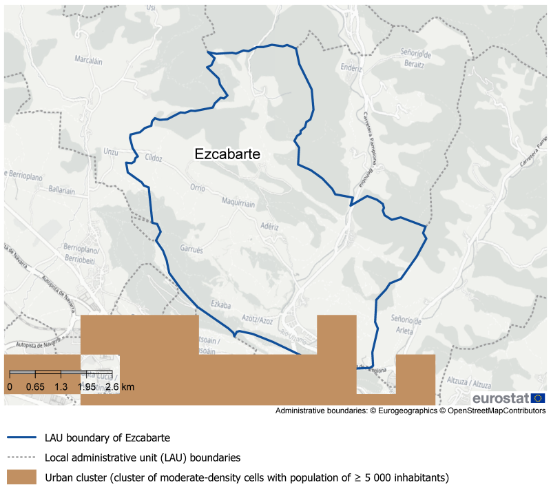 A map showing an example of an urban cluster, boundaries for local administrative units and local administrative units reclassified due to border effects.