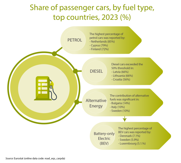 an image showing the share of passenger cars, by fuel type in the year 2023.