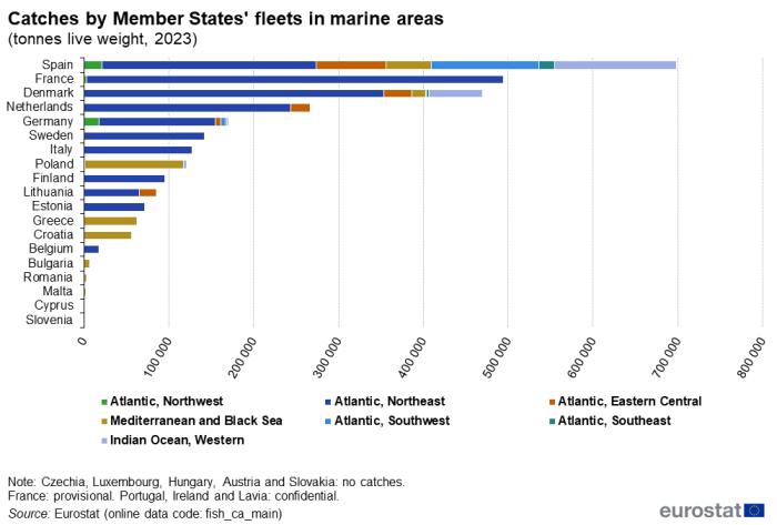 Horizontal queued bar chart showing catches by Member States’ fleets in marine areas as tonnes live weight. Each Member States' bar has seven queues representing seven marine areas in the Atlantic and Indian oceans and the Mediterranean and Black seas for the year 2023.
