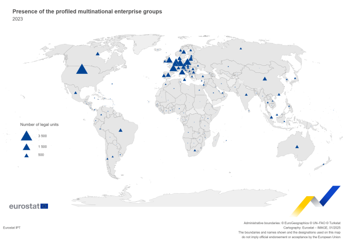 a map showing the Worldwide presence of the multinational enterprise groups profiled, 2023.