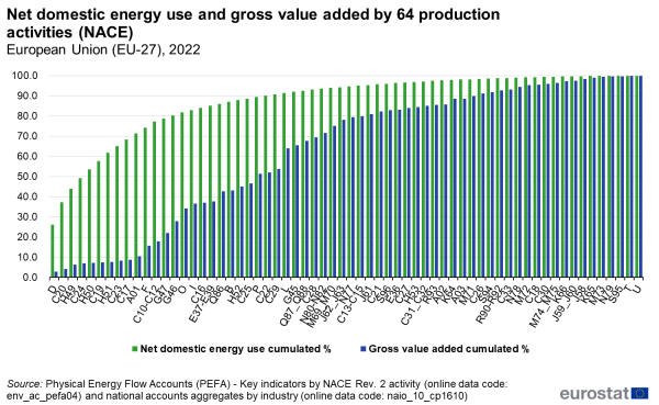 A table on net domestic energy use by economic activities in the European Union in 2022 with two main categories. One for production activities for NACE categories and one for households’ consumption activities.