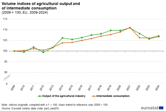 Line chart showing volume indices of agricultural output and of intermediate consumption in the EU. The year 2009 is indexed at 100. Two lines represent output of the agriculture industry and intermediate consumption over the years 2009 to 2024.