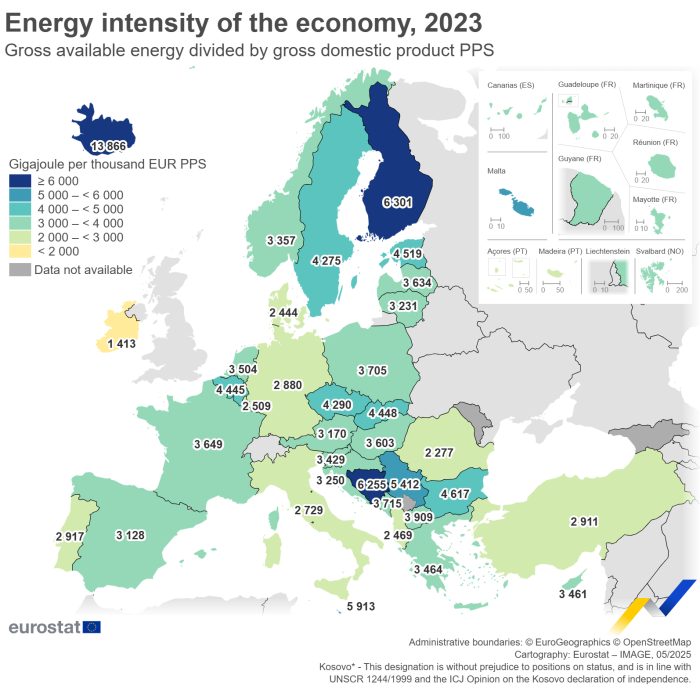 Map showing energy intensity of the economy in the EU and surrounding countries for the year 2023. Each country is classified within a range of gigajoules per euro thousand PPS.