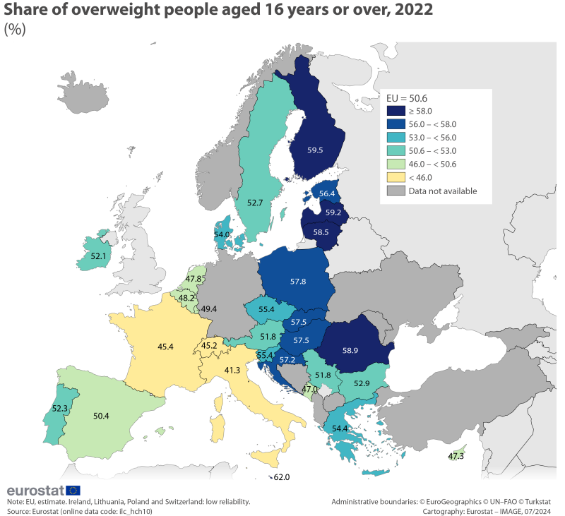 A choropleth map showing the share of people aged 16 years or over who are overweight (in other words, a BMI of 25 or more). Data are shown in percent for 2022 for EU, EFTA and enlargement countries. The complete data of the visualisation are available in the Excel file at the end of the article.