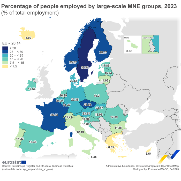 A map chart showing the share of total employment in large-scale multinational enterprise groups by country, 2023.