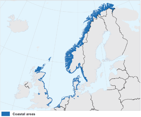 A map showing coastal and non-coastal areas. Data are for EU and EFTA countries around the North Sea.