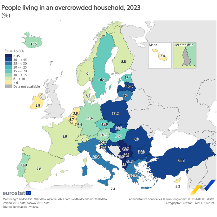 Map showing percentage of persons living in an overcrowded household in EU countries and surrounding countries for the year 2023.