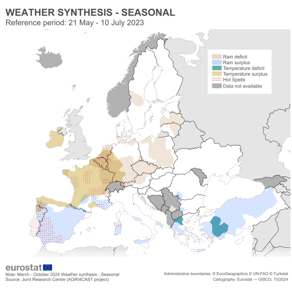 Map showing a synthesis of the seasonal weather across the EU between 21 May 2023 and 10 July 2023.