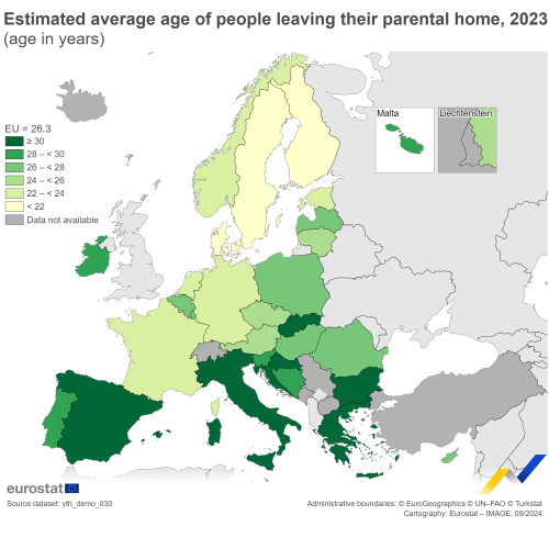 a map showing the average age of leaving the parental home for EU countries.
