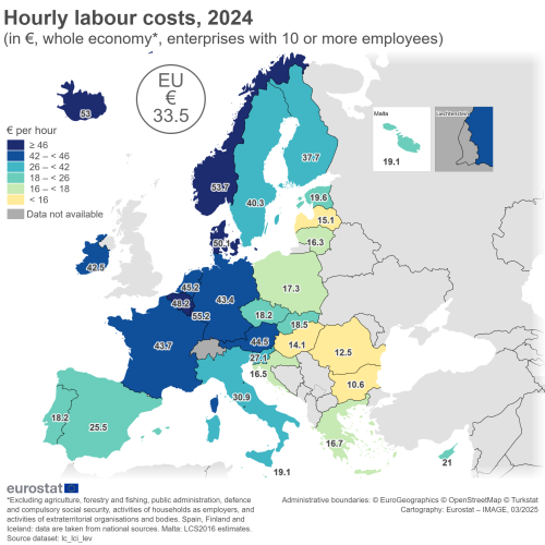 a map showing the estimated hourly labour costs for 2024 in euros. In the EU Member States, EU candidate Countries and EFTA countries.