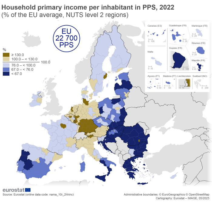 A map showing the household primary income per inhabitant in PPS. Data are shown as a percentage of the EU average, for 2022 for level 2 regions of EU countries. The complete data of the visualisation are available in the Excel file at the end of the article.