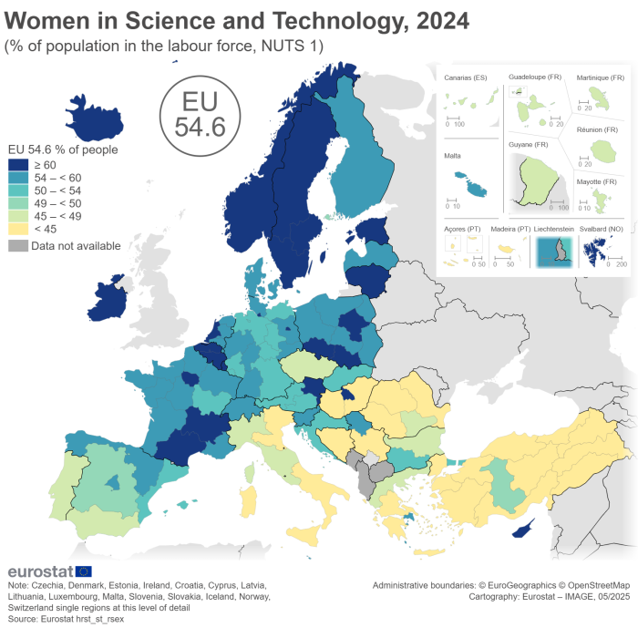 A colour-coded map of Europe showing the share of women in science and technology for the year 2024. Data are shown as percentage of total people employed in science and technology for the EU Member States, NUTS 1 region