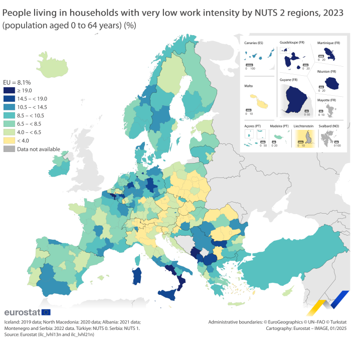 Map showing the share of the EU population aged 0 to 64 years living in households characterised by very low work intensity at the NUTS level 2 in 2023. Each country is coded based on the percentages of work intensity for the year 2023.